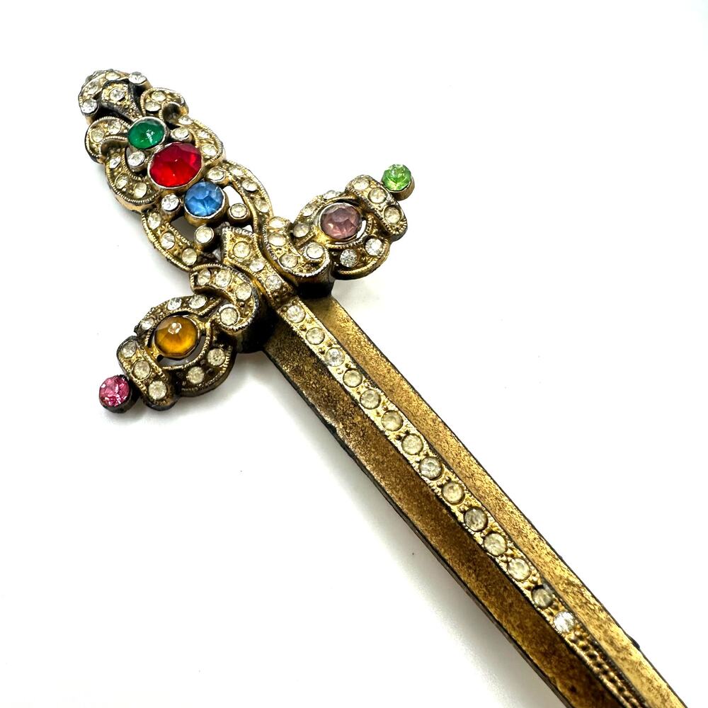 Antique vintage massive 5” gold tone multicolor rhinestones sword dagger brooch - Picture 3 of 7